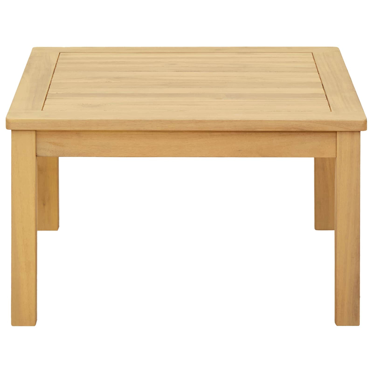 The outdoor table, a light wood square coffee table with slatted top