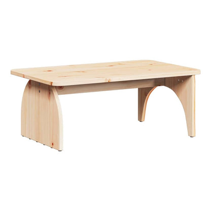 A natural pine wood coffee table with curved legs, shown from the side