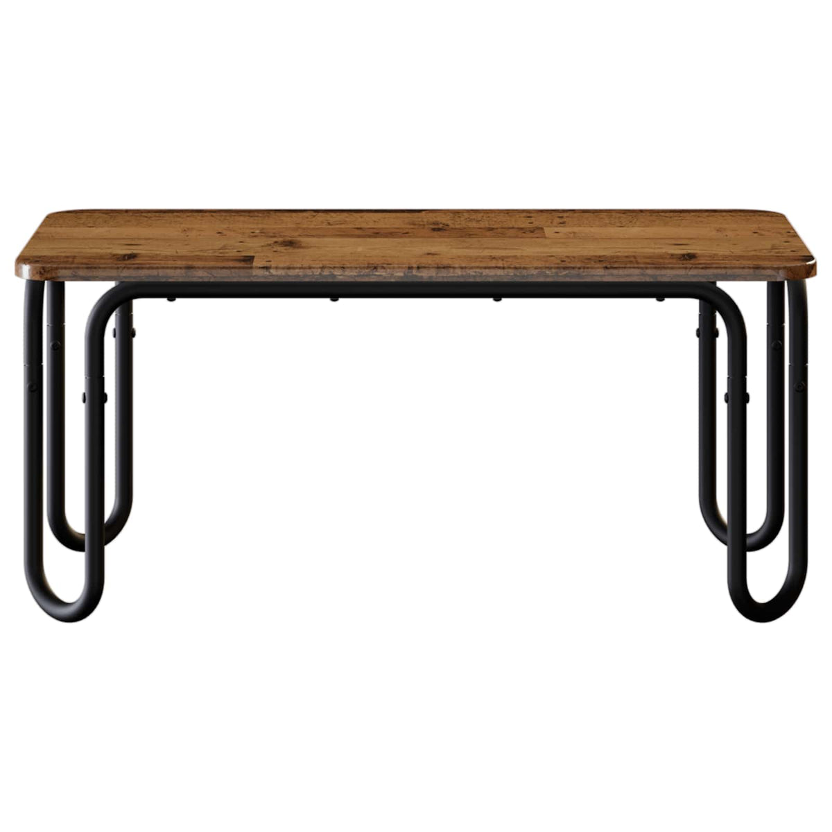 A close-up of the coffee table showing the wood grain and black metal legs