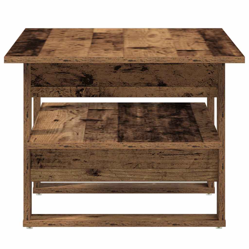 the coffee table showing the side profile with the wood grain texture and open shelf
