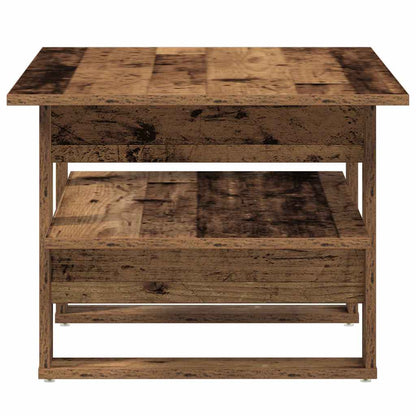the coffee table showing the side profile with the wood grain texture and open shelf