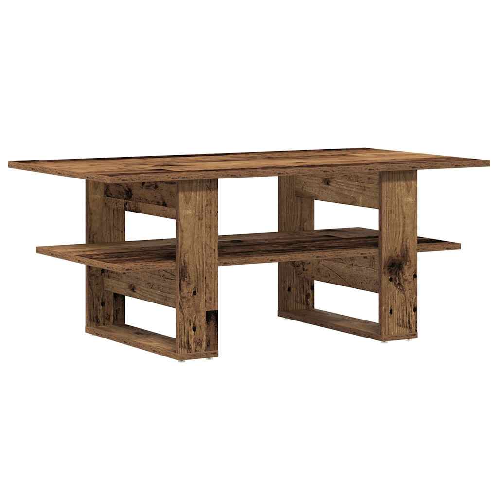 the coffee table with a rustic wood finish and a convenient lower storage shelf