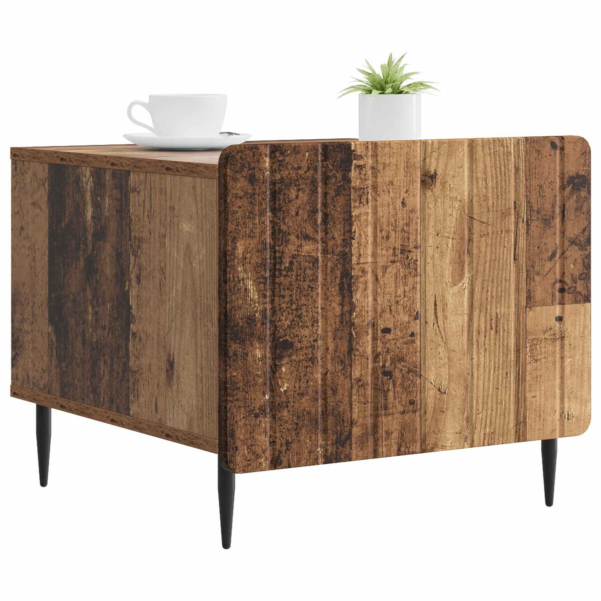 A close-up of the coffee table showing its wood effect texture and black legs