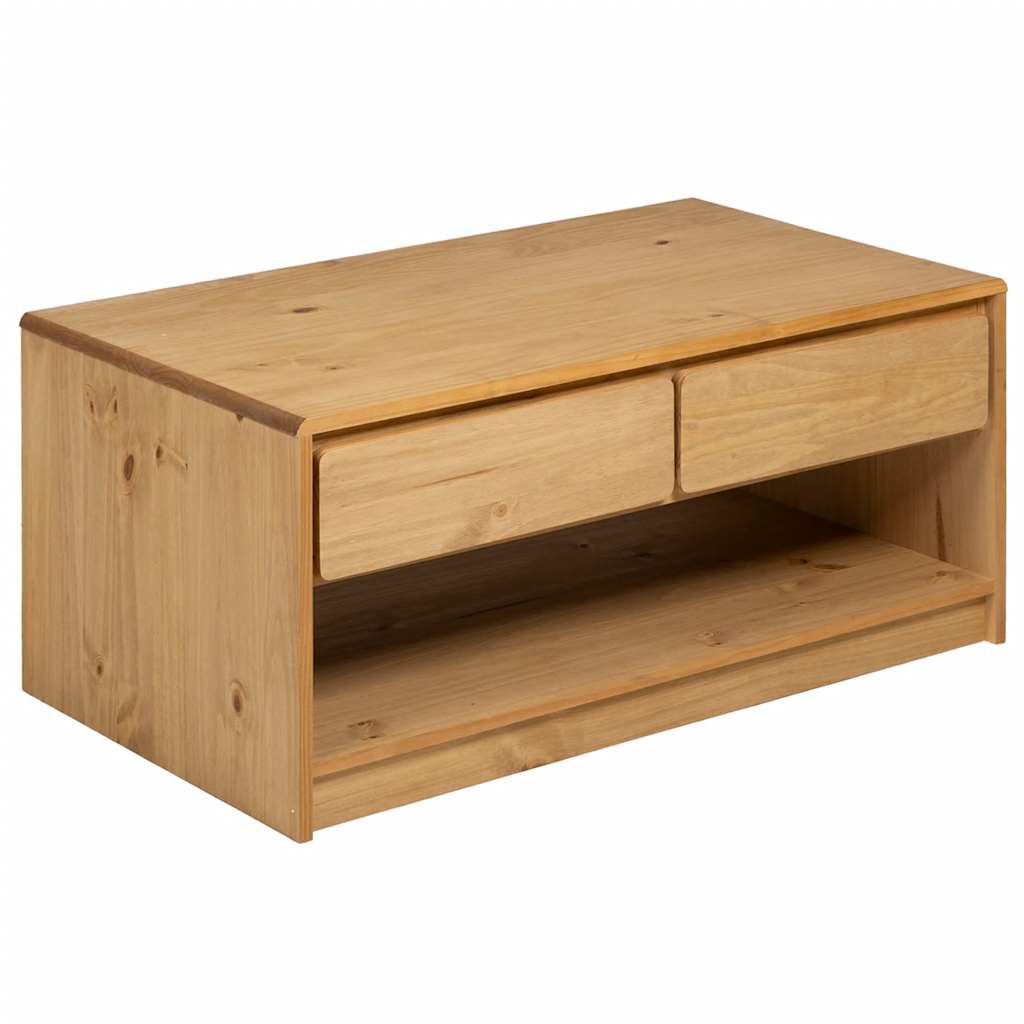 A solid wood pine coffee table with two drawers and an open shelf