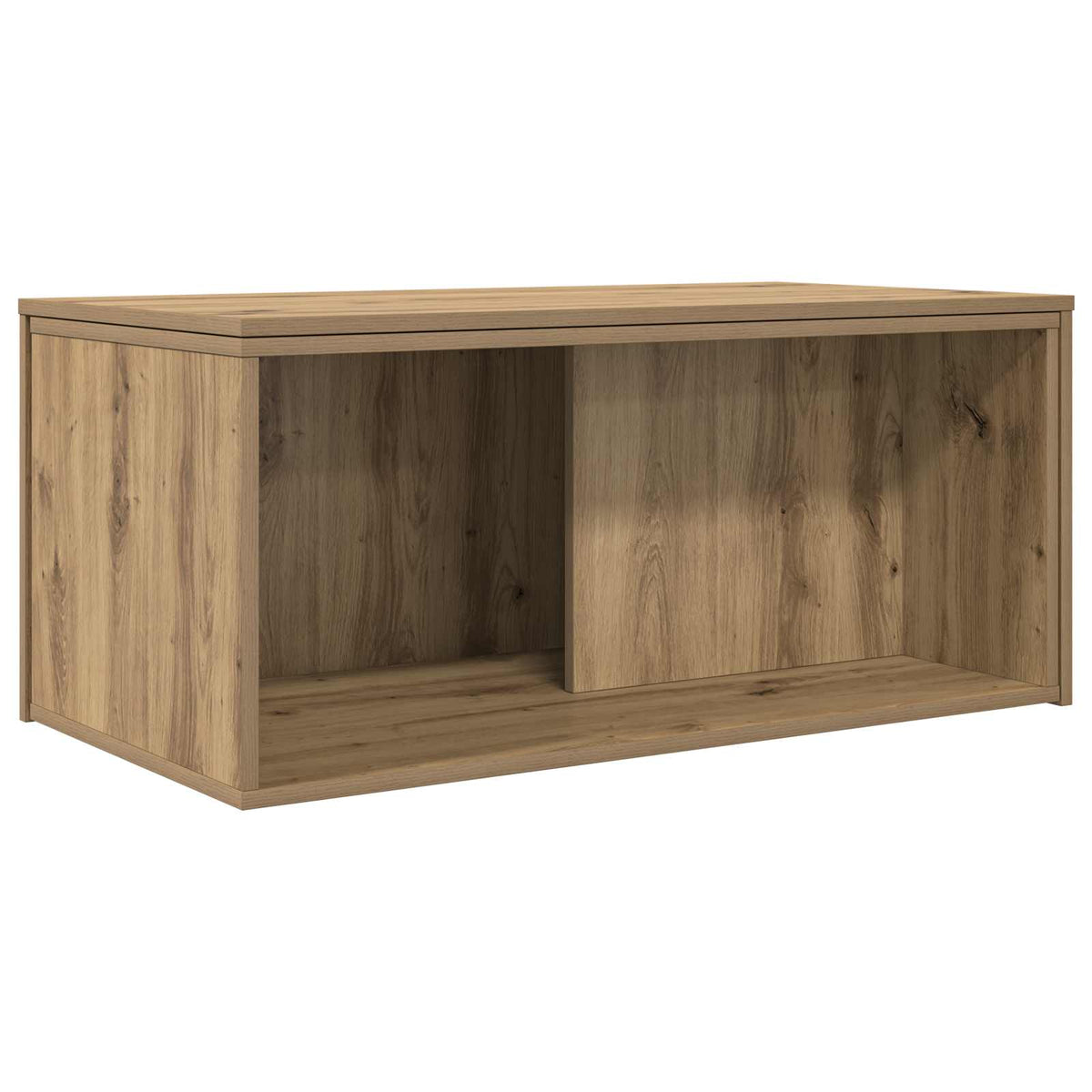 The larger of the two coffee tables, showing its open storage space