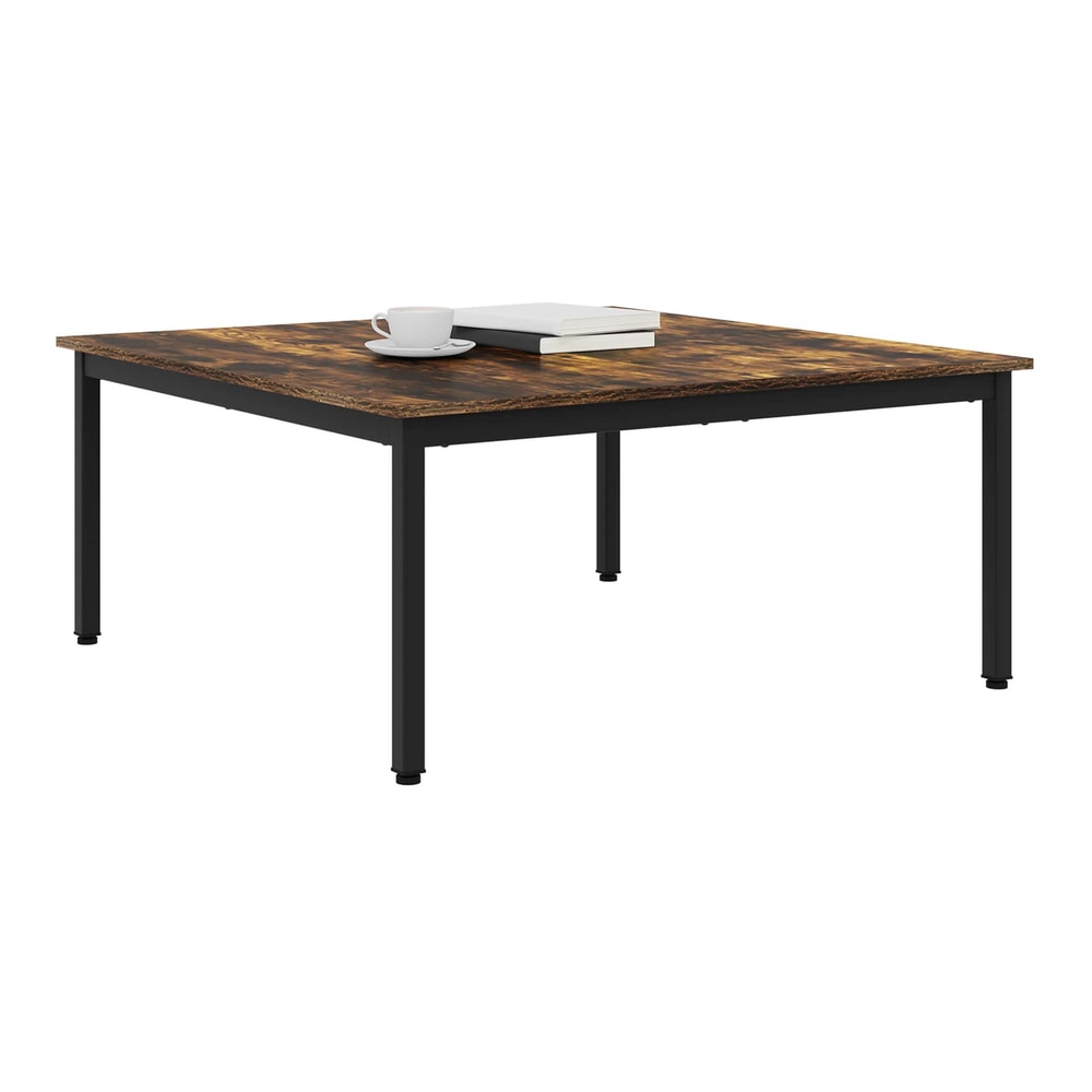 Coffee table with a smoke oak effect top and black metal legs on a rug
