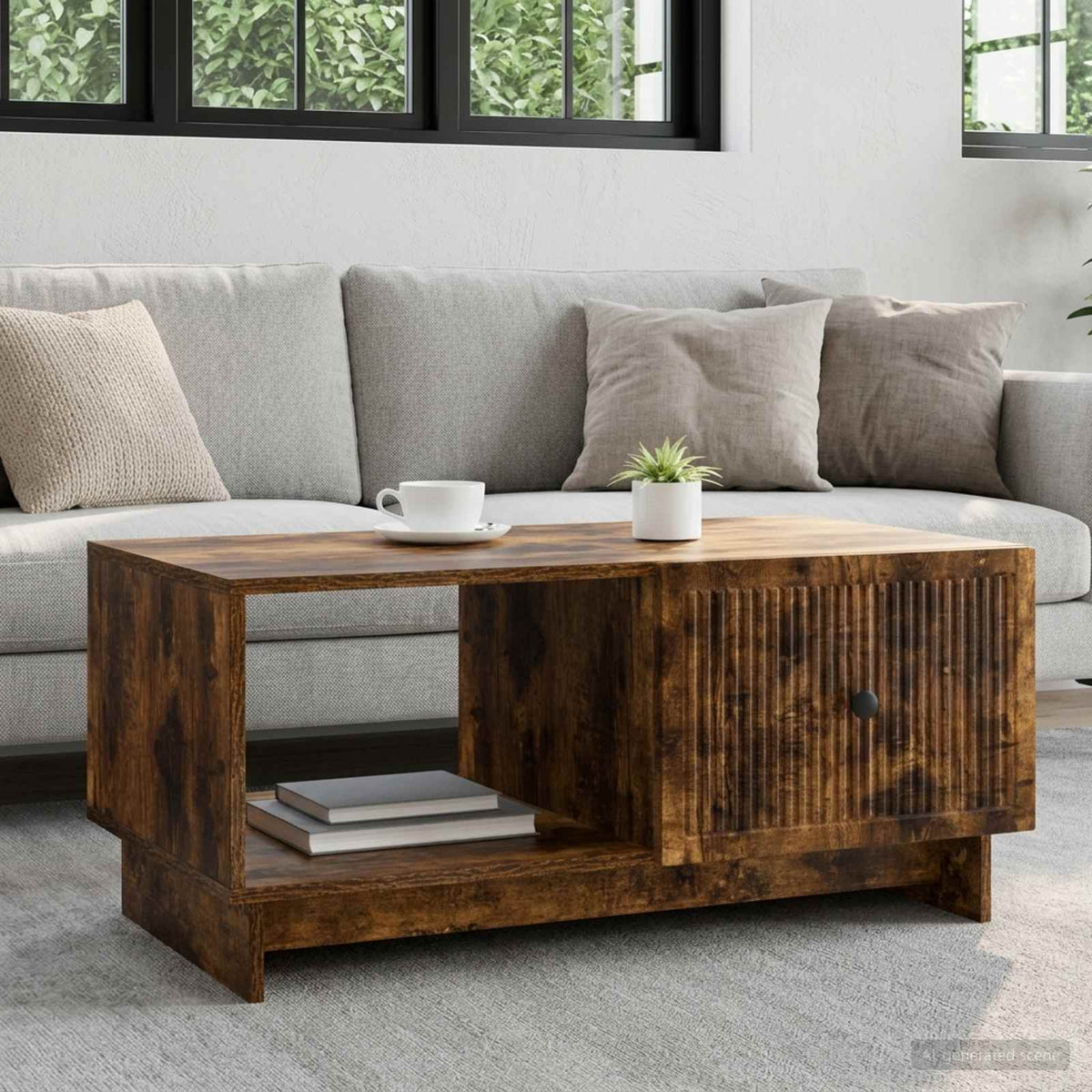 vidaXL Coffee Table Smoked Oak Engineered Wood in a living room setting with a sofa