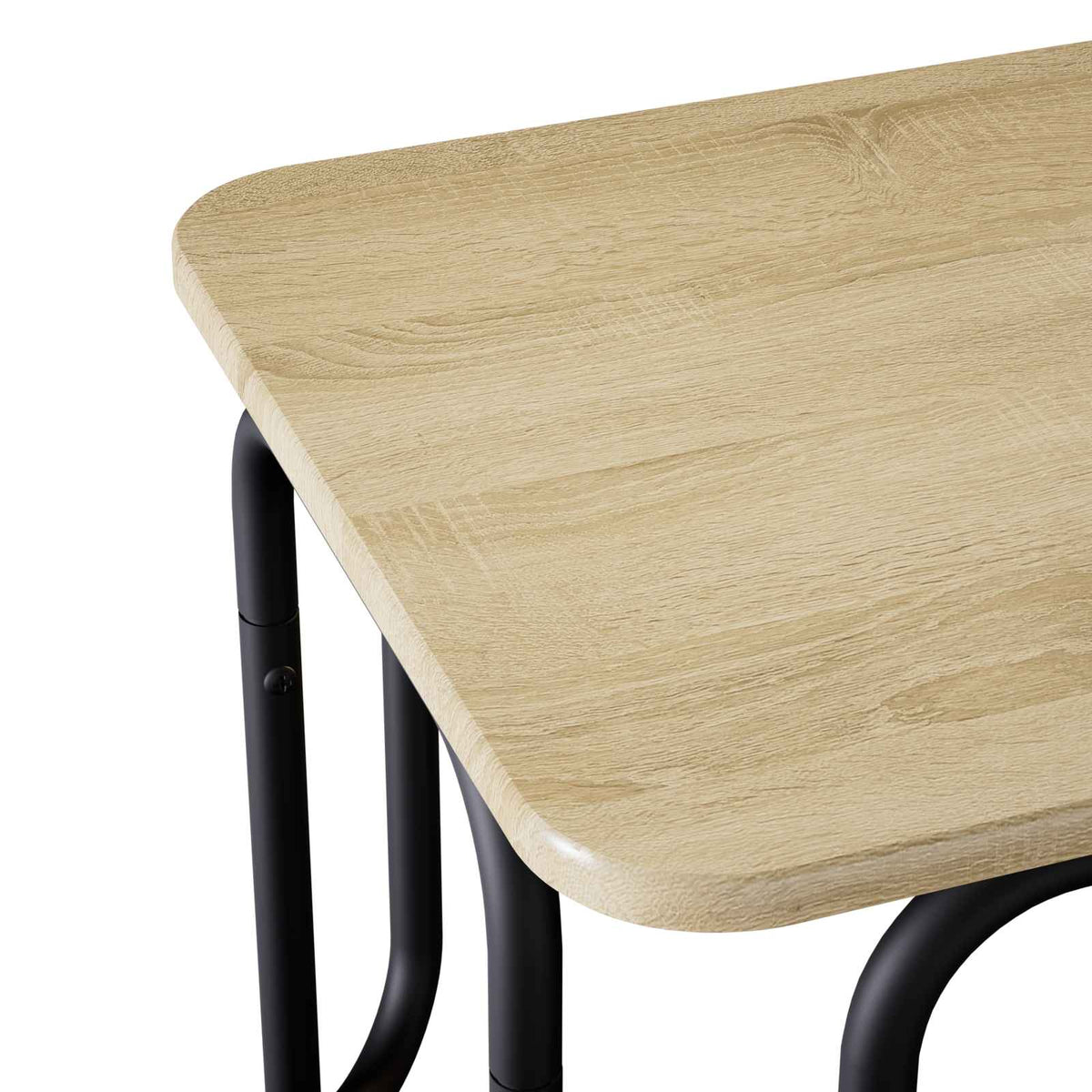 The coffee table corner showing the rounded edge of the wooden top and the metal frame