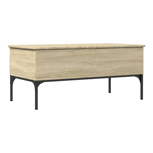 The coffee table is made of engineered wood with a sonoma oak finish and black metal legs