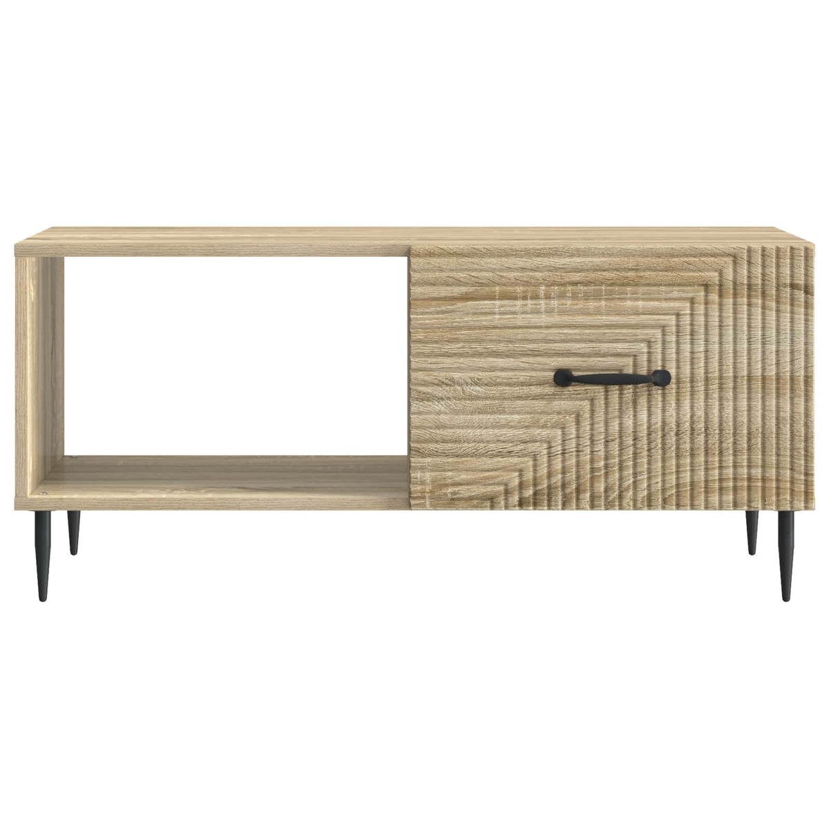 the coffee table showing the front profile with an open shelf and a textured drawer