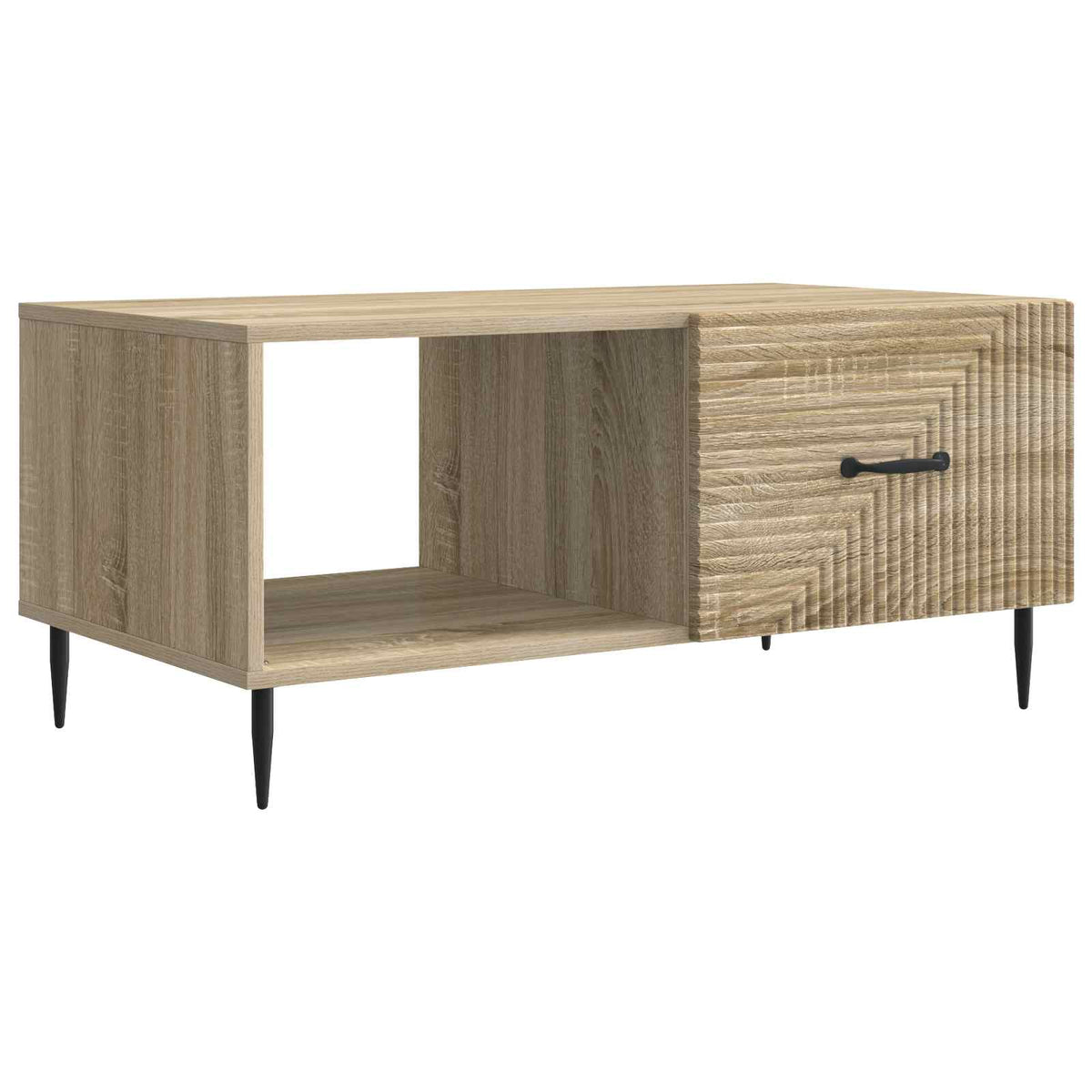 the coffee table with a textured drawer front and black metal legs on a white background