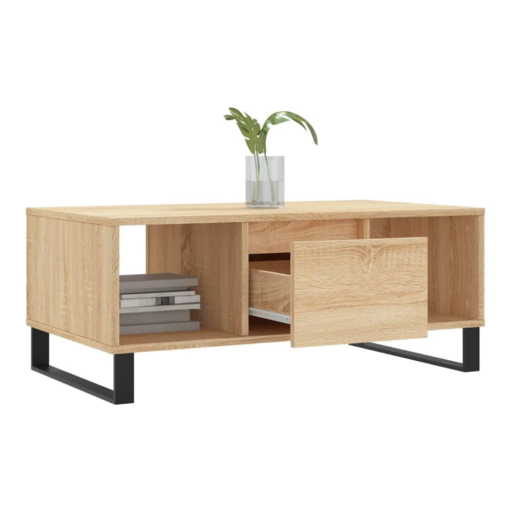 The coffee table with its drawer pulled out to show storage space