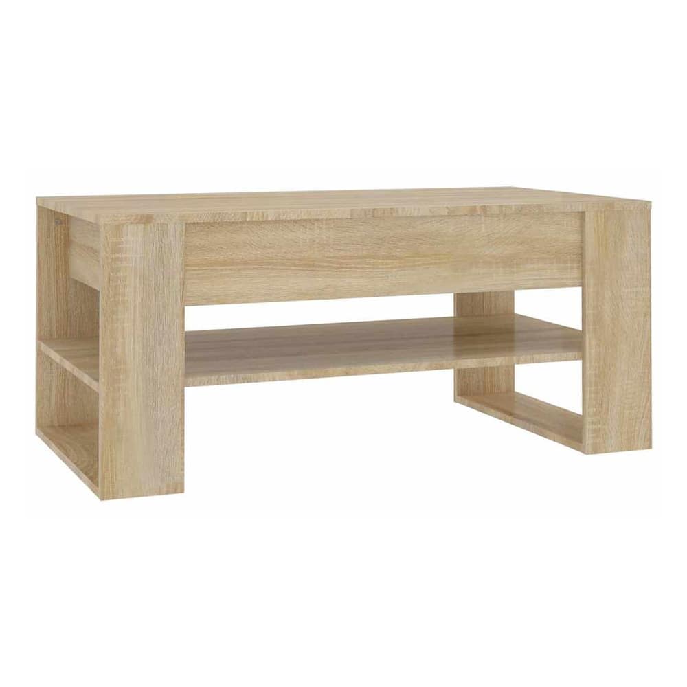 The coffee table has a lift-up top and open shelves on the sides