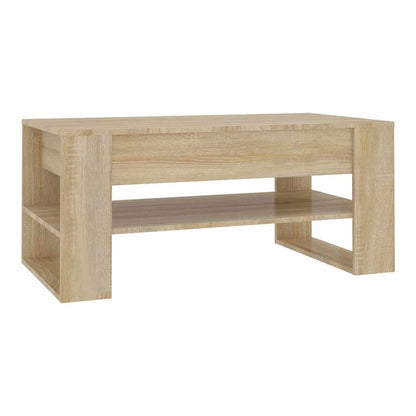 The coffee table has a lift-up top and open shelves on the sides