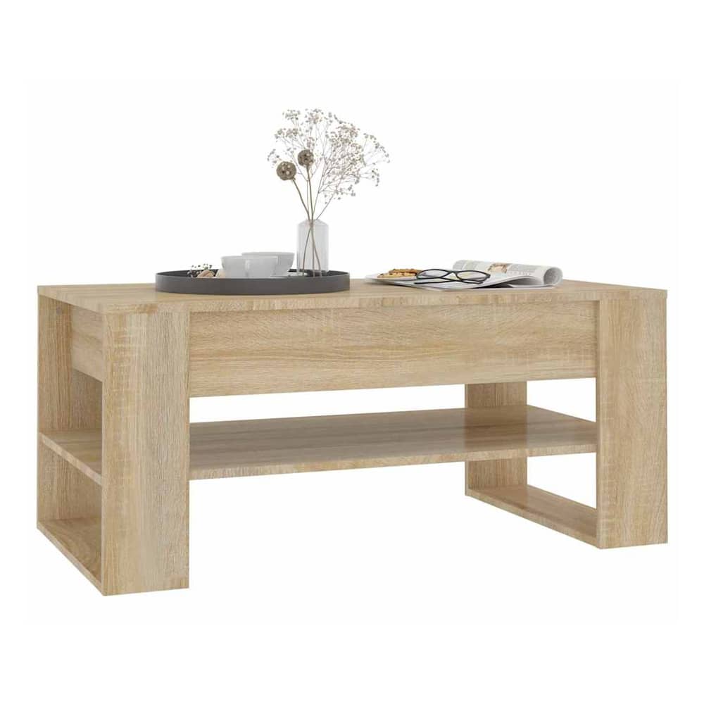 The coffee table with its lift-up top open, showing storage space