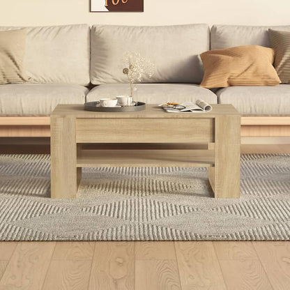 The coffee table is shown in a living room with a sofa and rug