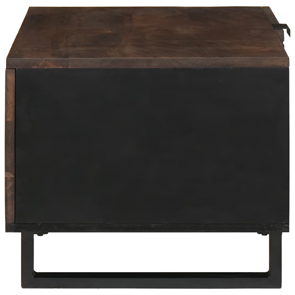 Side view of the walnut engineered wood coffee table with black metal frame