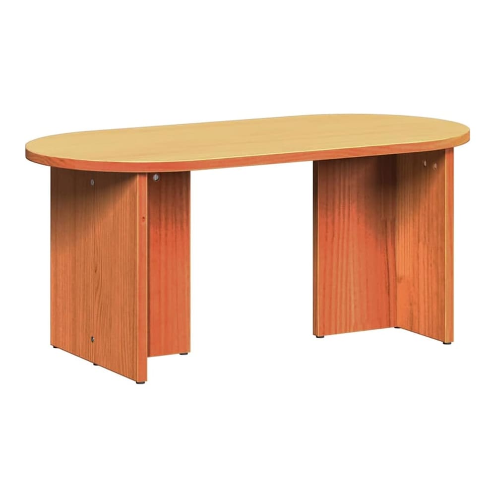 oval coffee table with two upright supports, plain wood finish