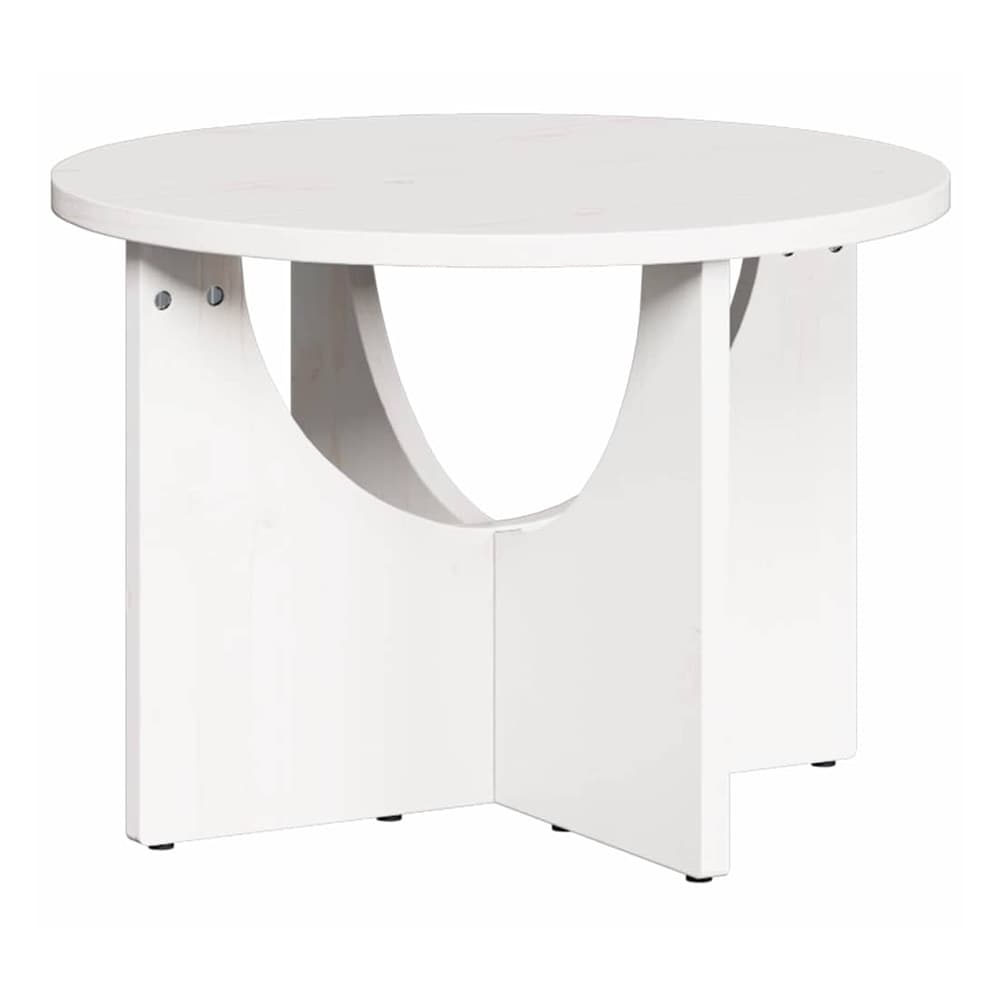 White solid pine wood coffee table with a circular top and curved legs