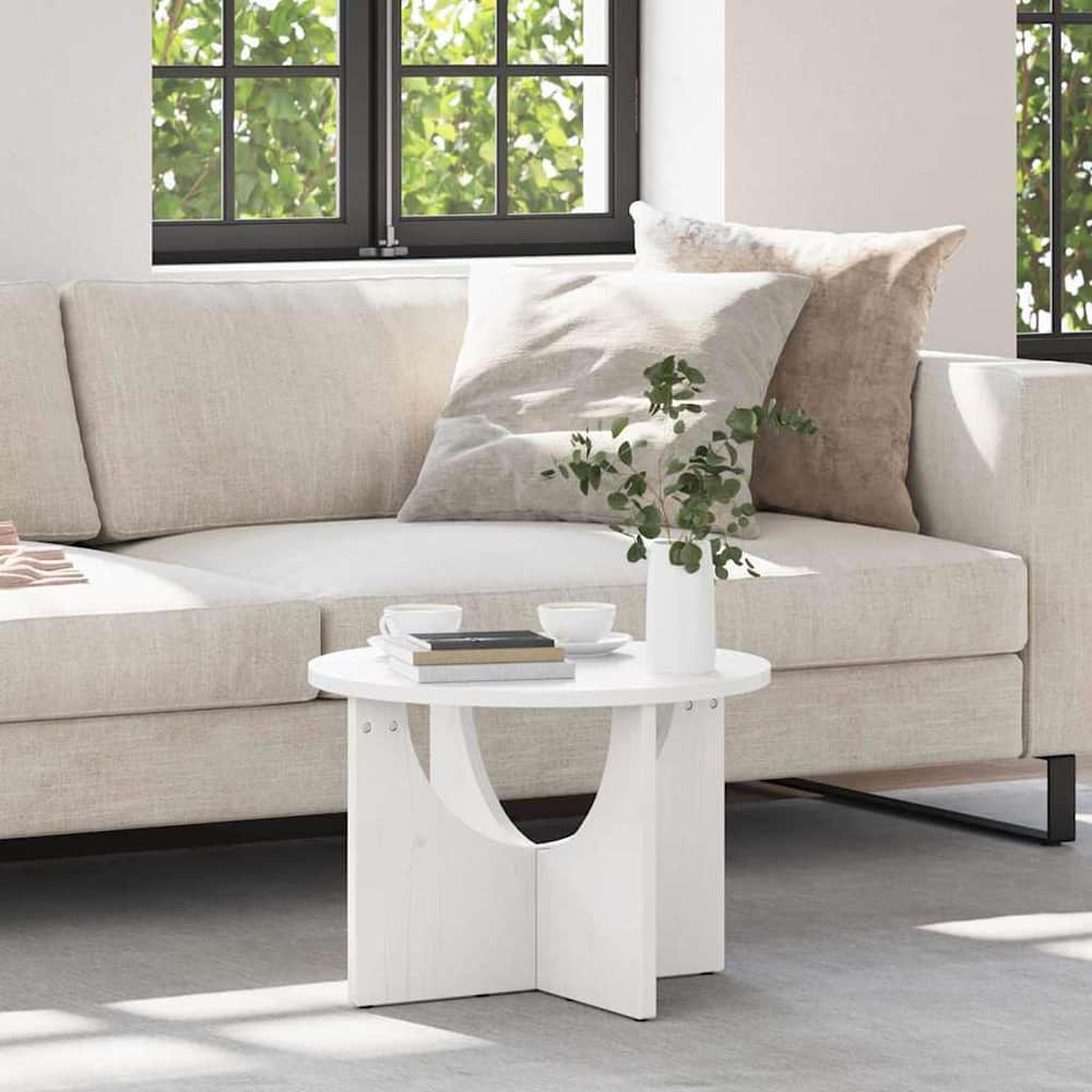 vidaXL Coffee Table White Solid pine wood in a living room setting next to a sofa