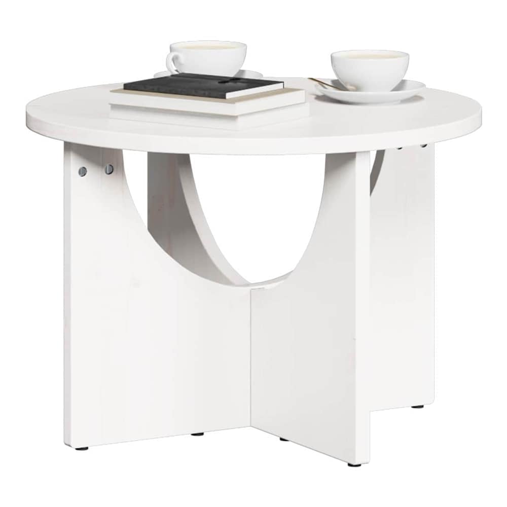 White coffee table with two cups of coffee and a book on top