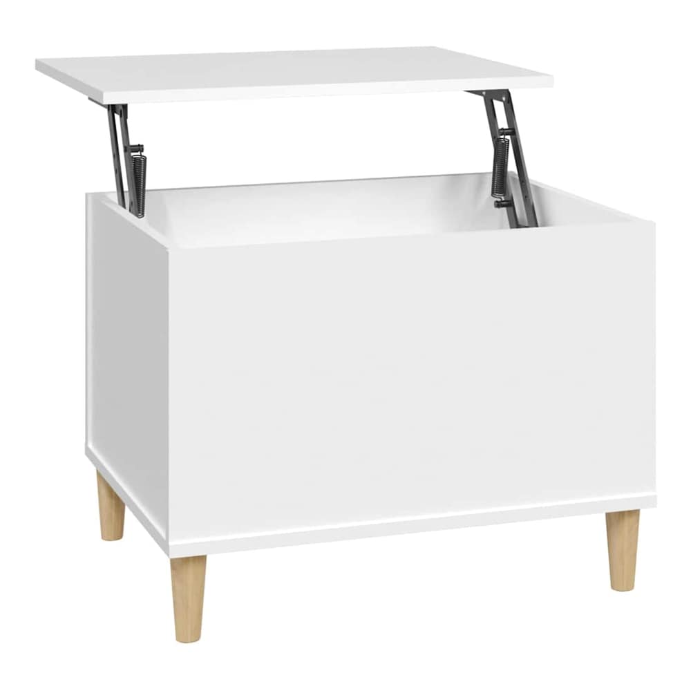 The white coffee table with its lid raised by metal hinges