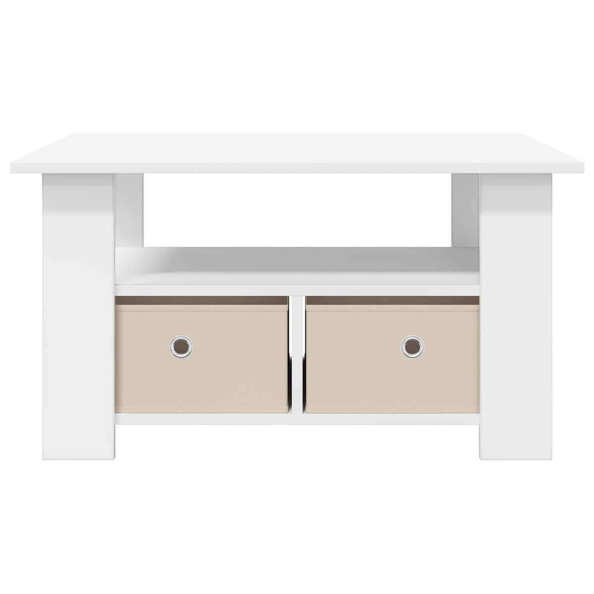 White coffee table with two fabric storage boxes on the lower shelf