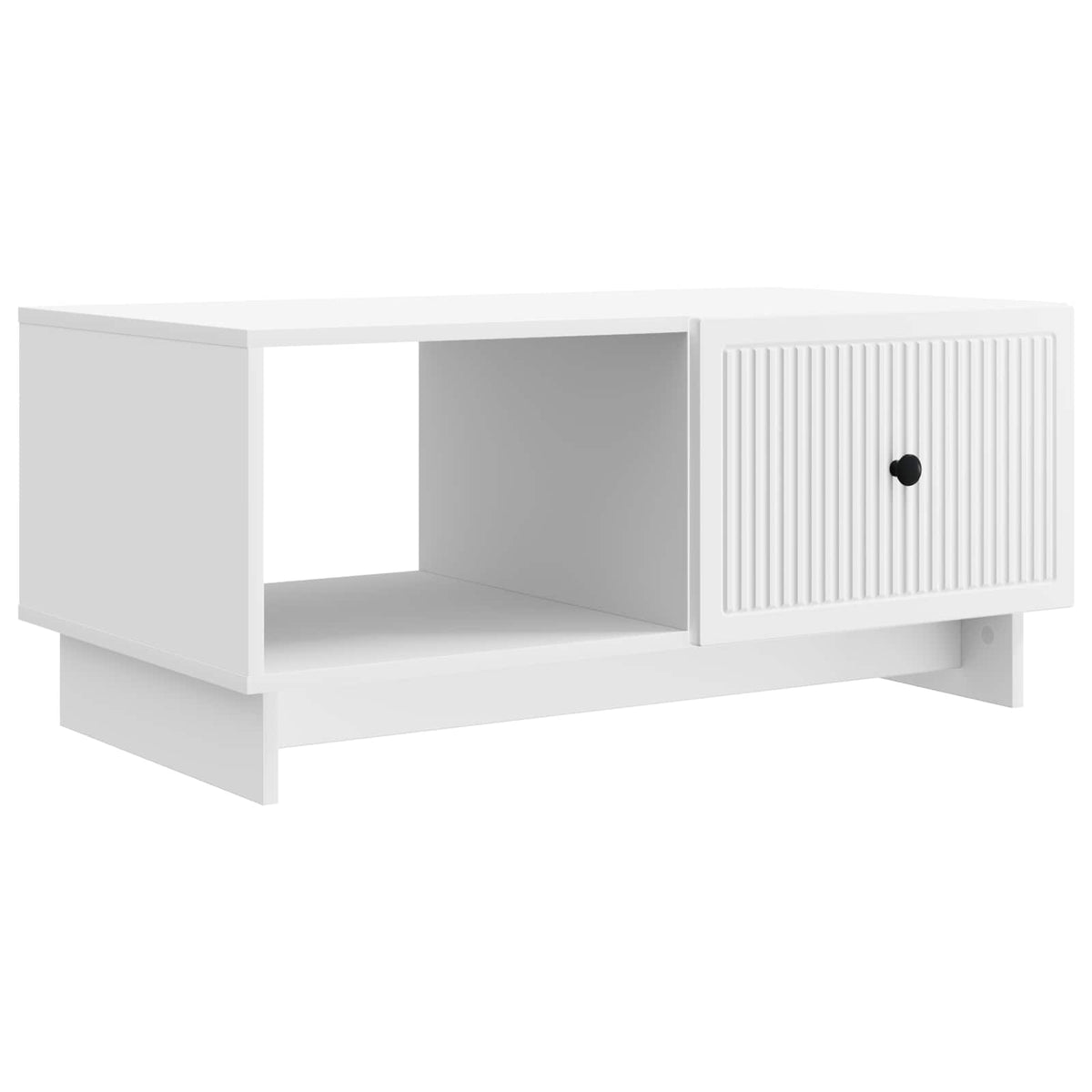 White coffee table with a ribbed drawer and open storage compartment