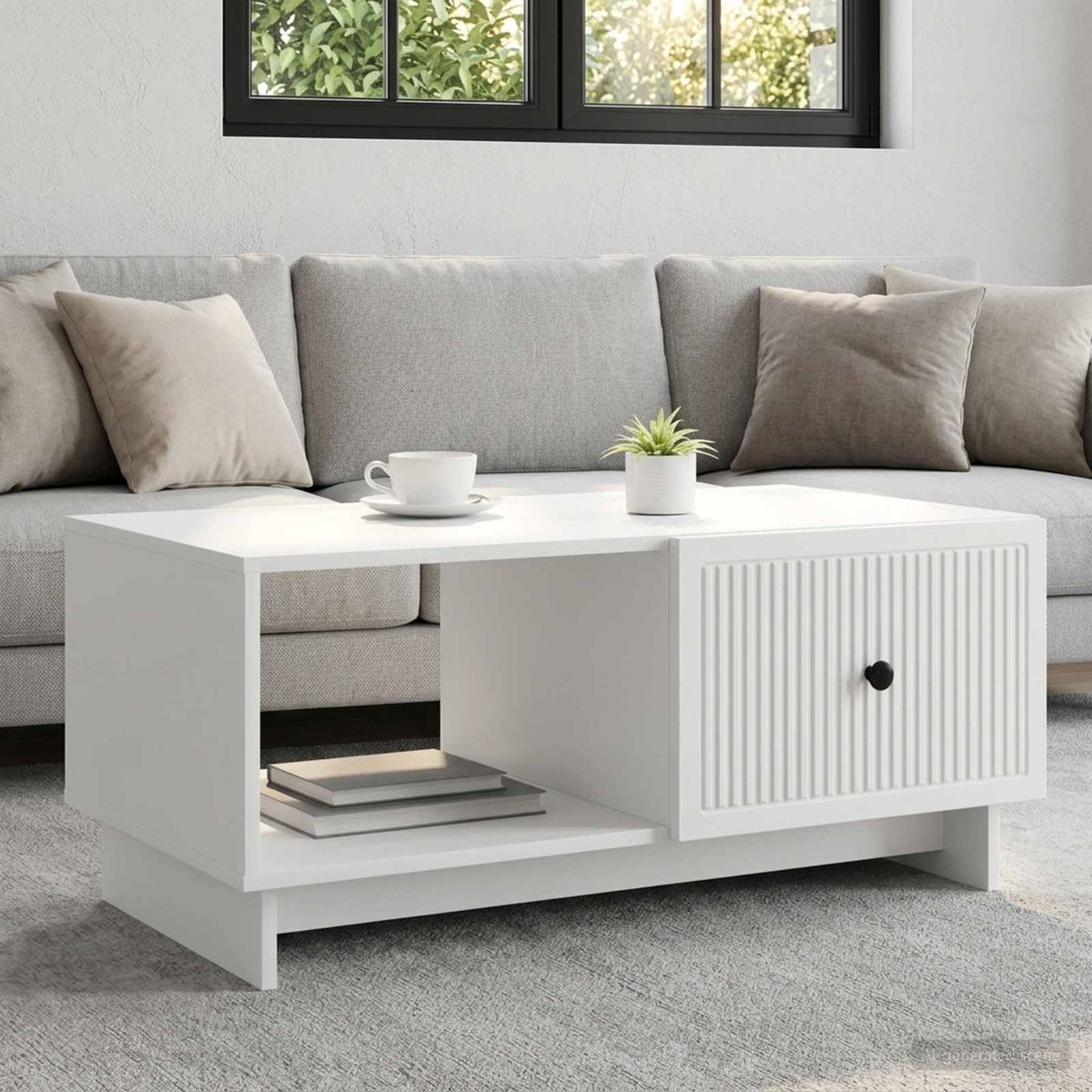 vidaXL Coffee Table White Engineered Wood with open shelf and ribbed drawer front