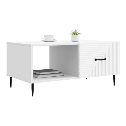 White coffee table with a cup and plant on top, showing the open shelf and ribbed drawer