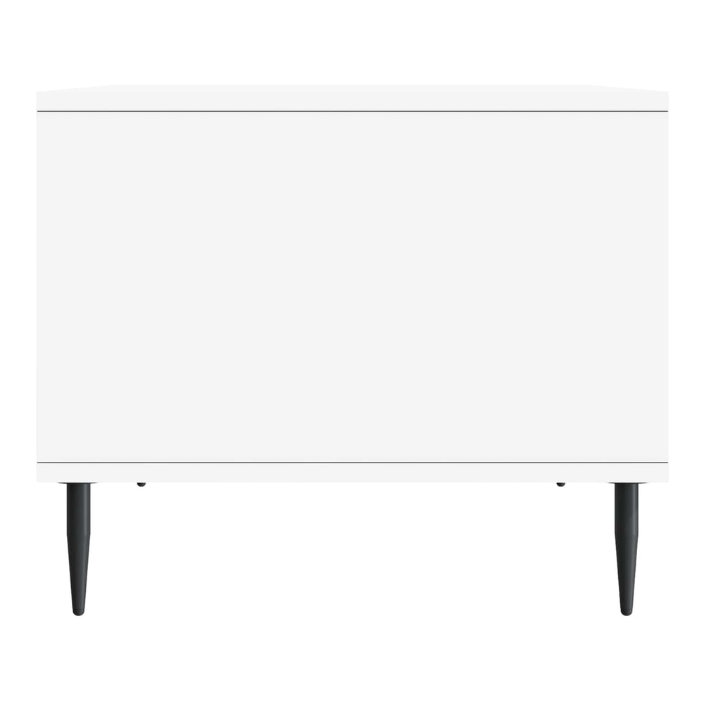 Back view of the white engineered wood coffee table on black legs