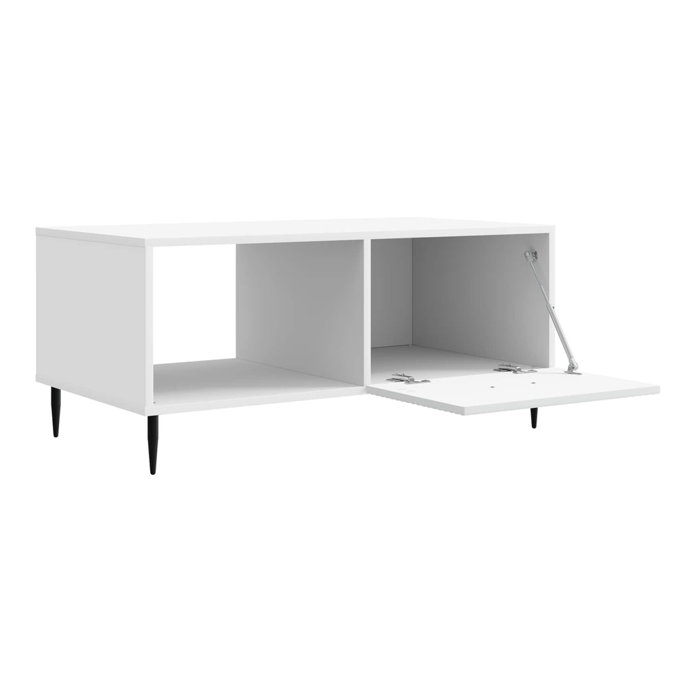 White coffee table with the drawer front open, revealing storage space inside