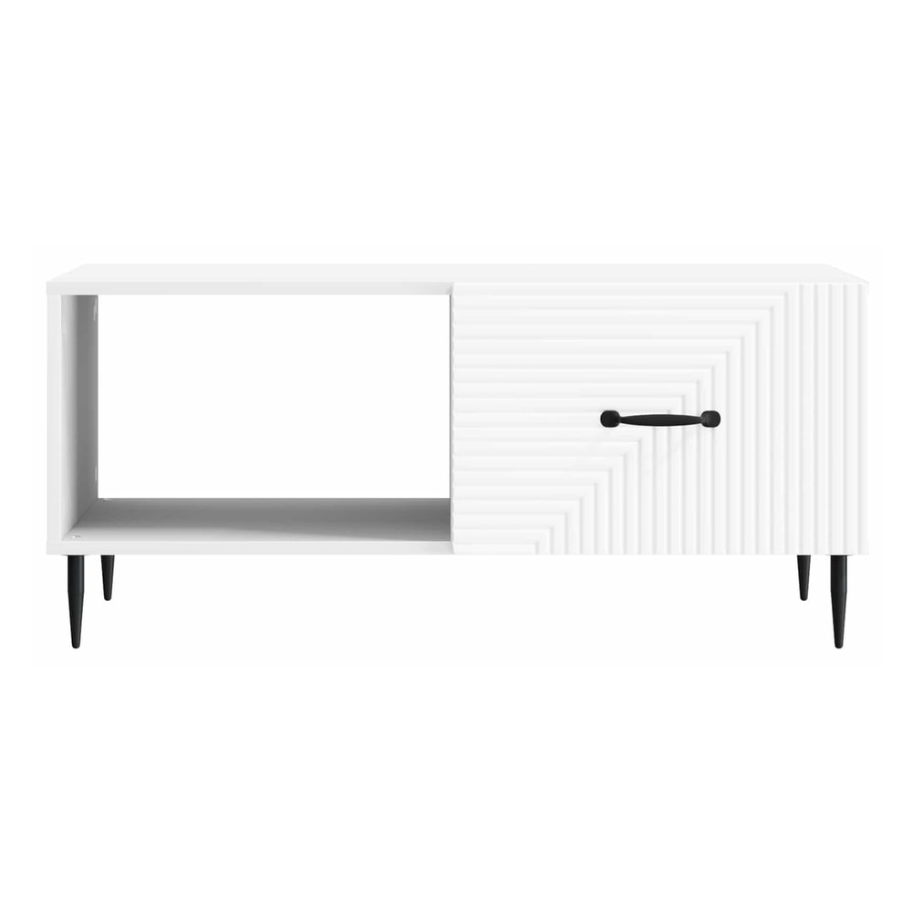 White engineered wood coffee table with ribbed drawer and open shelf