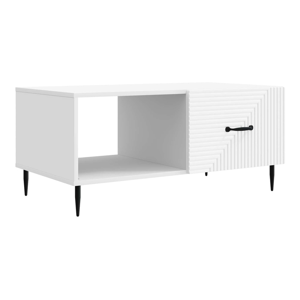 White engineered wood coffee table with a storage compartment and a ribbed drawer front