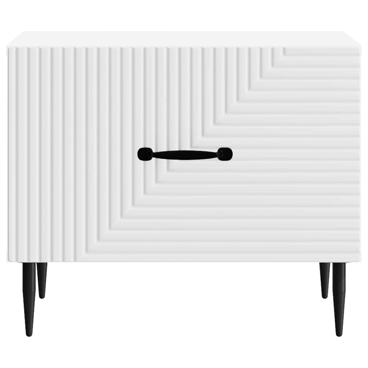 A white coffee table with a textured drawer front and black legs