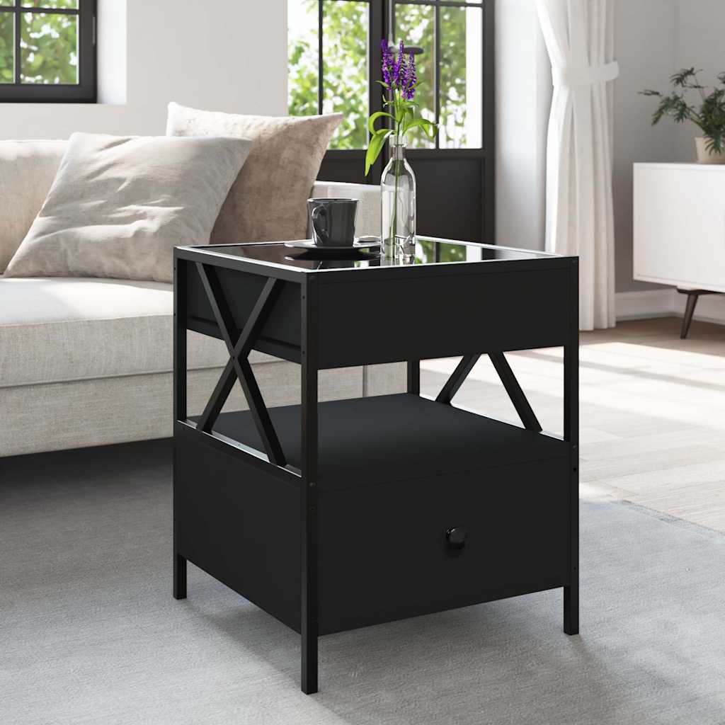 The coffee table with infinity LED lights in a living room setting next to a sofa
