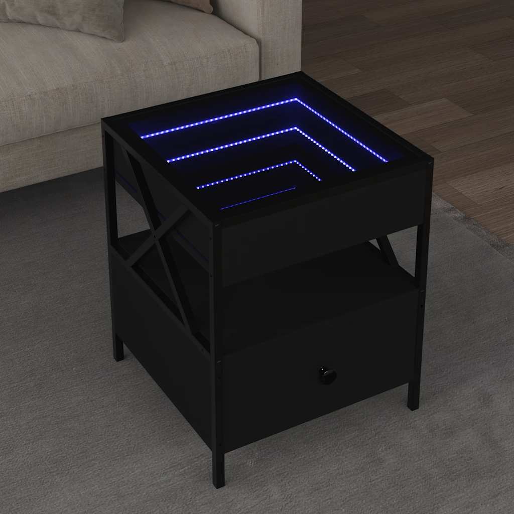 vidaXL Coffee Table with Infinity LED Black, a square side table with a drawer and an infinity LED light effect on top