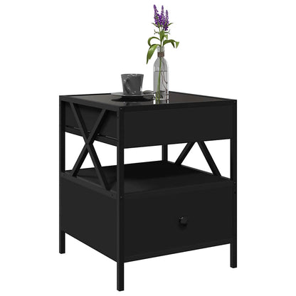 A black coffee table with infinity LED lights and a drawer, styled with a vase and cup