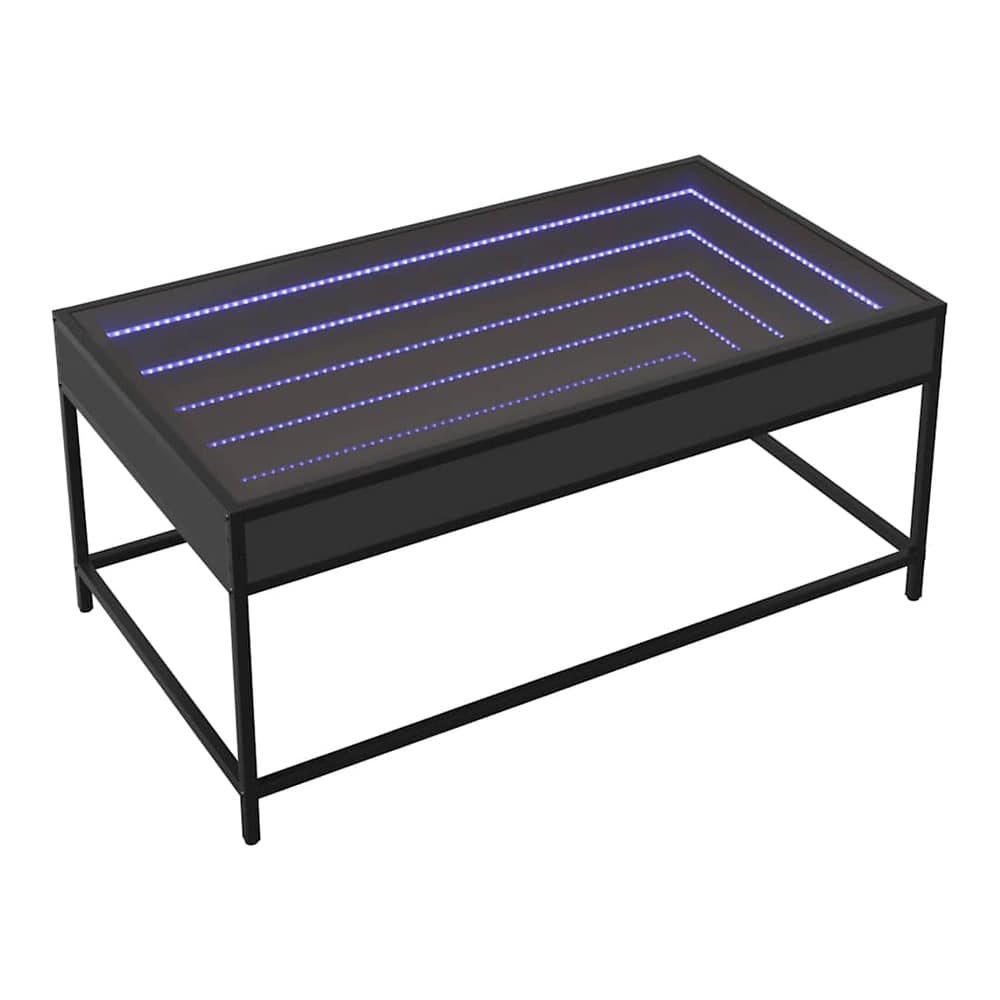 The black coffee table with infinity LED lights turned on, viewed from a slight angle