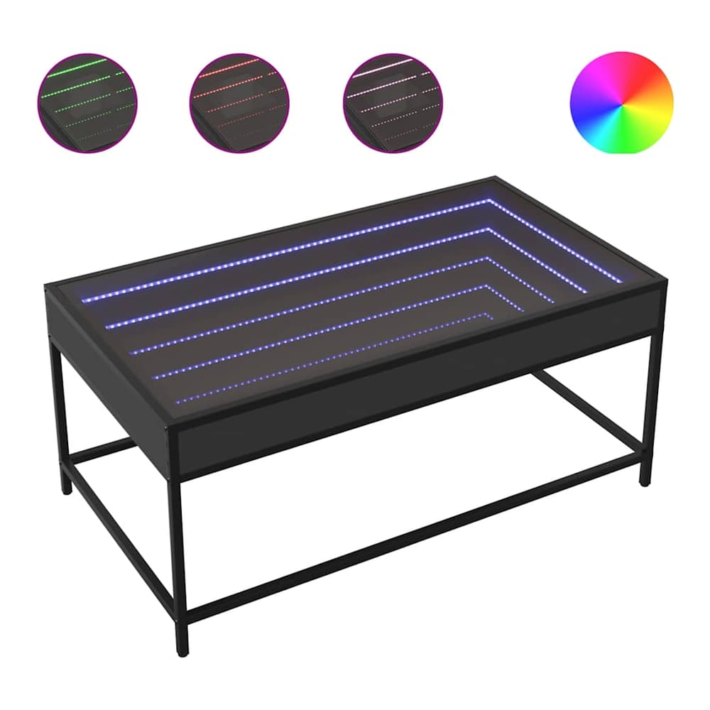 The coffee table with infinity LED lights showing different colour options and the light spectrum