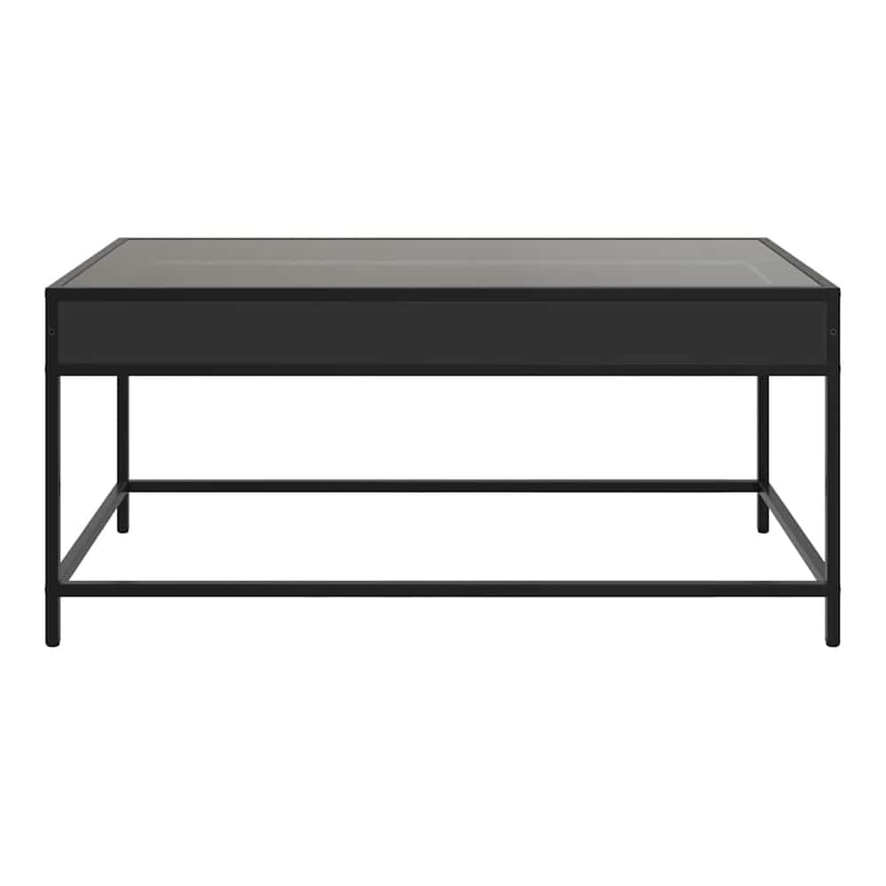 The coffee table from the front, showing its rectangular shape and black finish