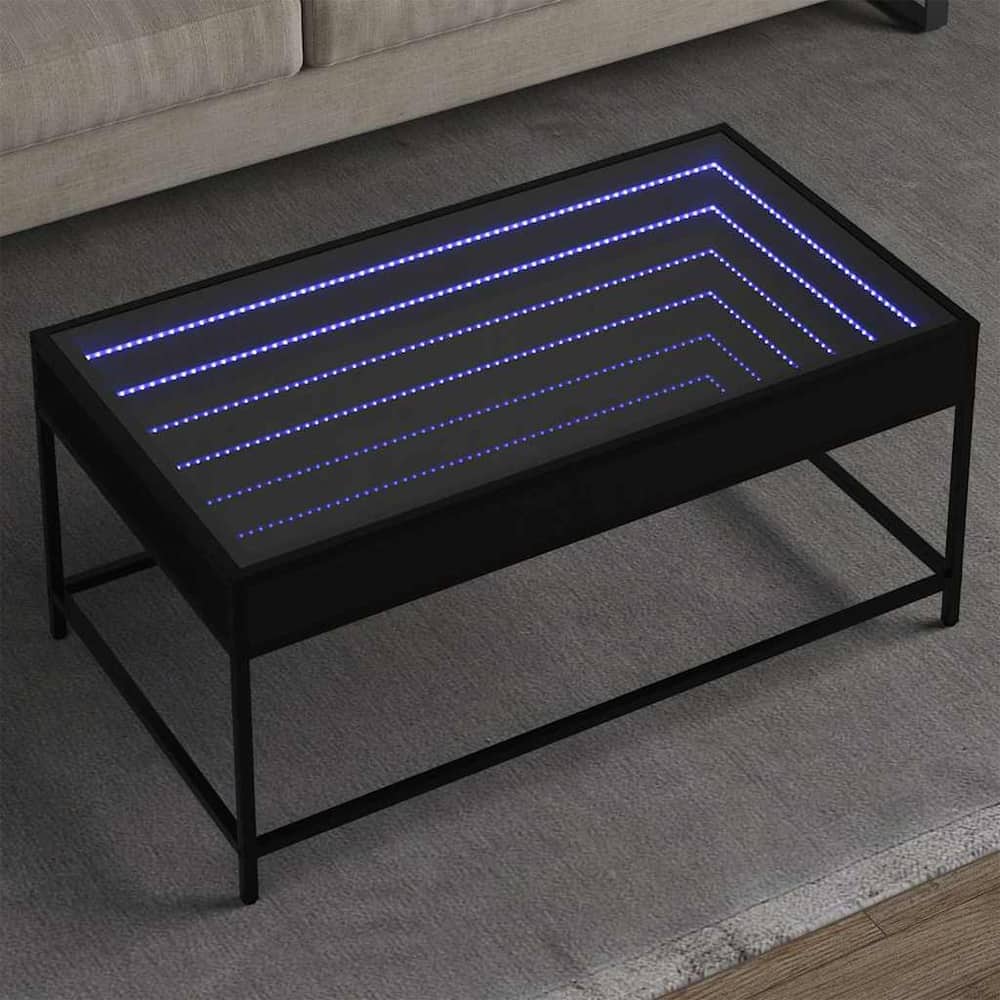 vidaXL Coffee Table with Infinity LED Black showing the infinity mirror effect with blue lights