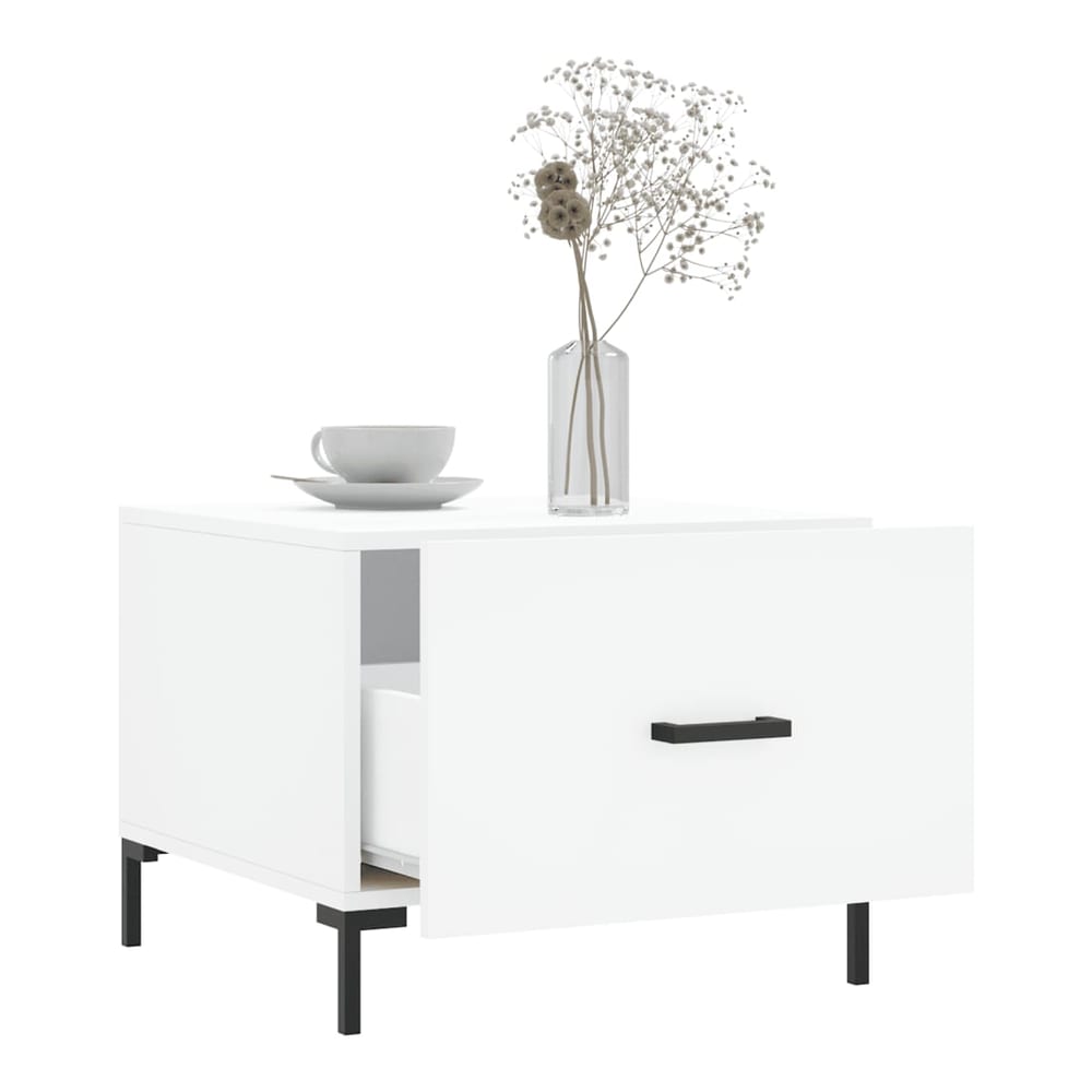 A white engineered wood coffee table with its drawer pulled open, showing the interior space