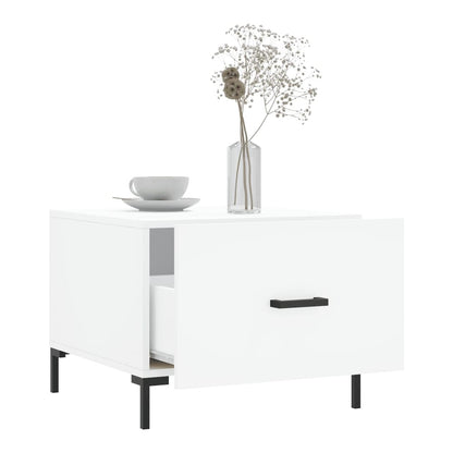 A white engineered wood coffee table with its drawer pulled open, showing the interior space