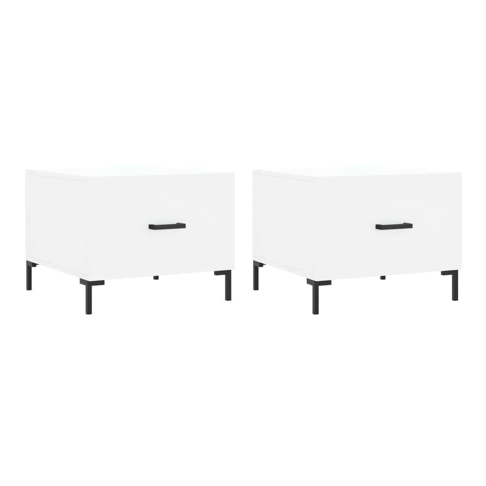 Two white engineered wood coffee tables with black legs shown side by side