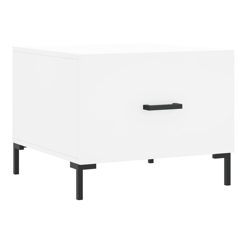 A white engineered wood coffee table with a black handle on its drawer, viewed from the side