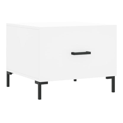 A white engineered wood coffee table with a black handle on its drawer, viewed from the side