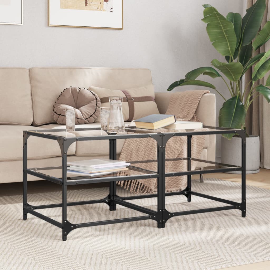 vidaXL Coffee Tables with Transparent Glass Top 2 pcs Steel arranged in a living room setting