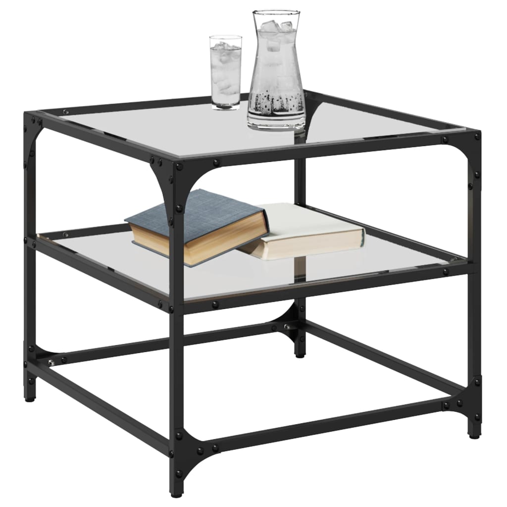 A vidaXL coffee table with transparent glass top and steel frame, styled with books and drinks