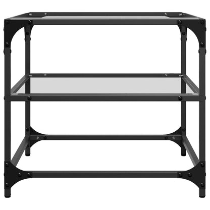 The steel frame of a vidaXL coffee table with transparent glass shelves